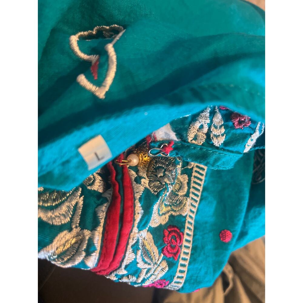Embroidered Teal Floral Kurta Tunic Dress Lace Hem Boho Cottagecore - Picture 5 of 5